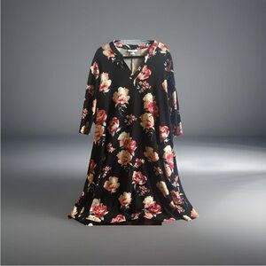 Pastels by Vivienne Vintage Black w/Pink Floral Print Swing Dress Accents 3X